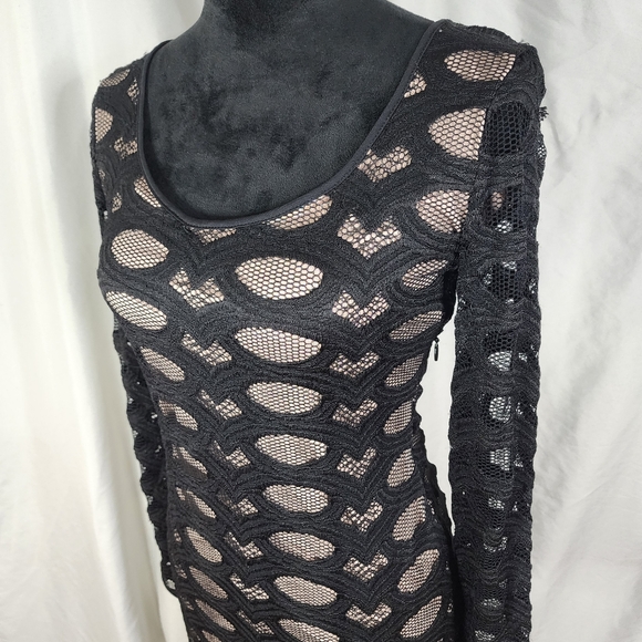 BCBGMaxazria Size Small Black Mesh Knit Lace Tanya Bodycon Dress Tan Lining - Picture 3 of 11